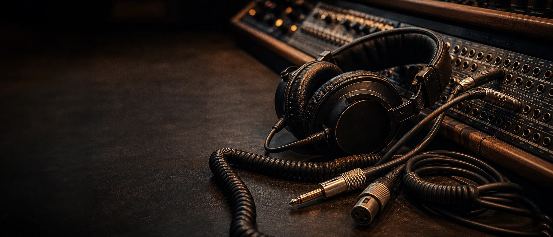 Headphones resting on a studio desk beside a patchbay