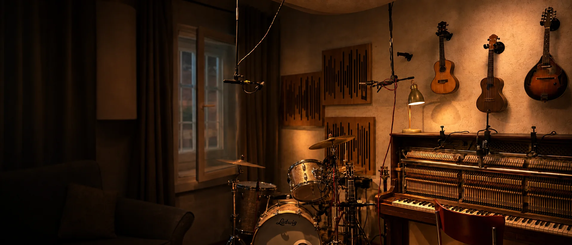 A warm live room — drum kit, upright piano and instruments on the wall