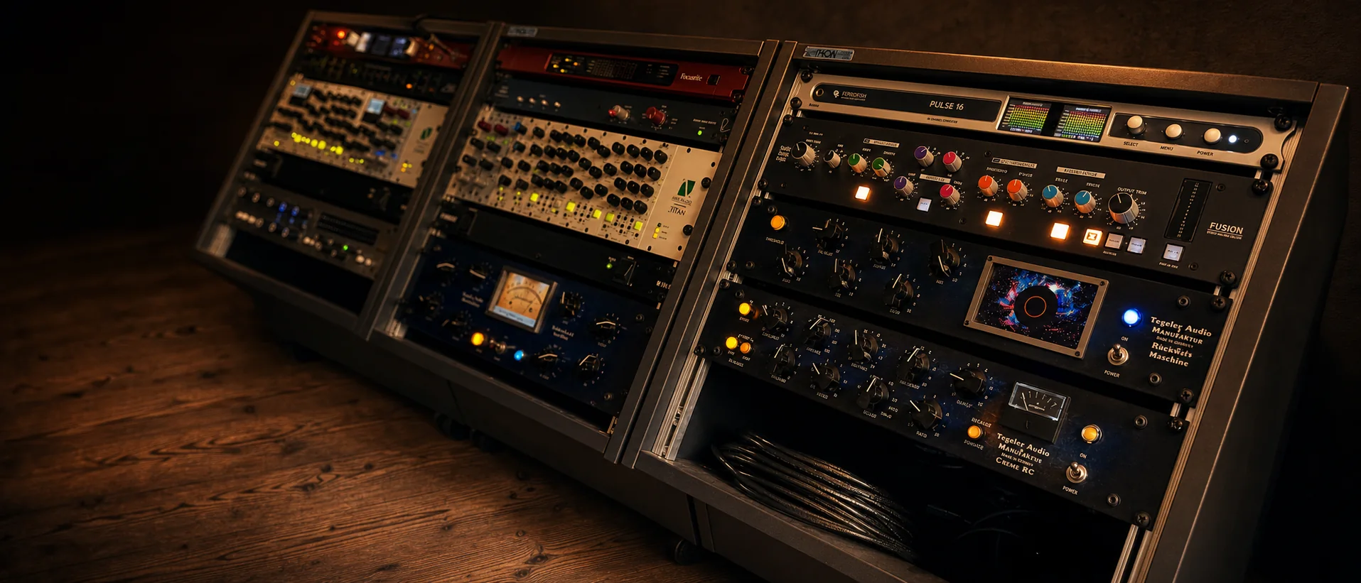 Racks of analog outboard gear in a dim studio