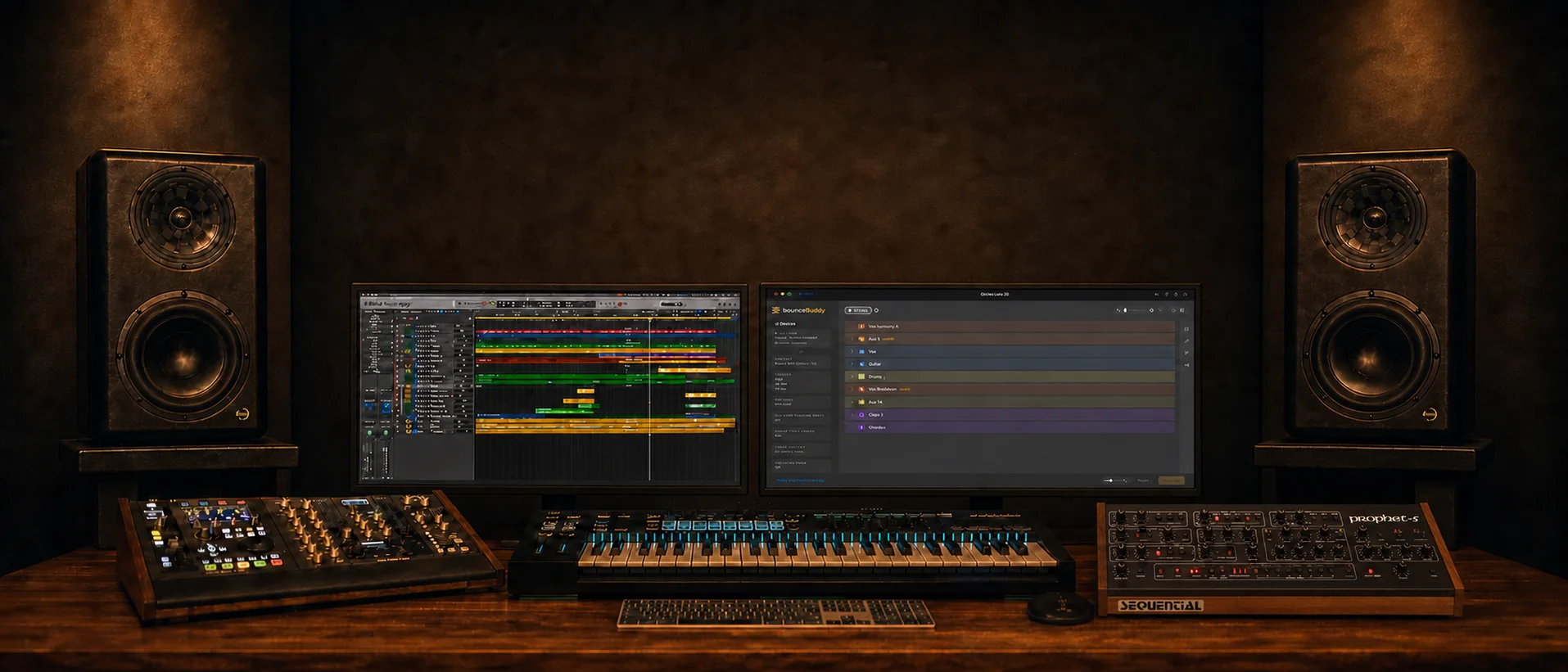 A studio control room — a Logic Pro session on the left screen, Bounce Buddy with mapped stems on the right